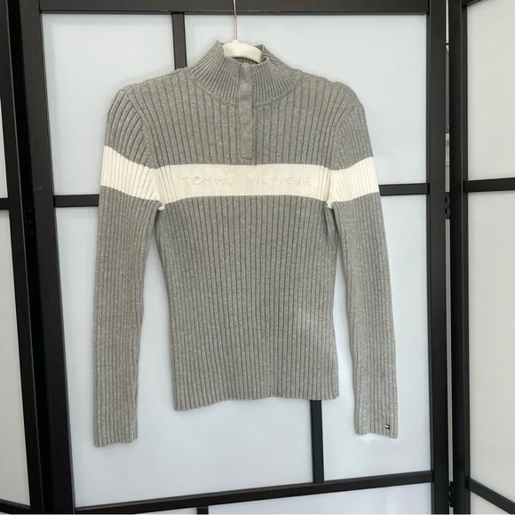 [M] y2k Tommy Hilfiger 1/2 Zip Ribbed Knit Creme & Grey Long Sleeve Top - Picture 3 of 14